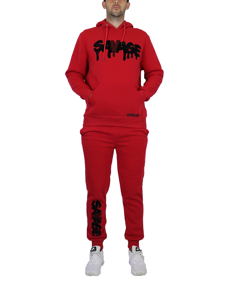 Wholesale Men's Hoodie & Jogger Fleece Set in Red with Rhinestone Design