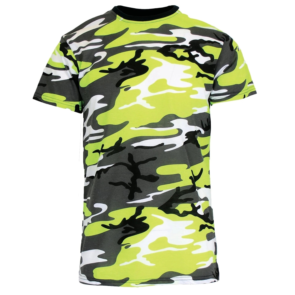 Wholesale Men's Camo T-Shirt in Neon Green. Camouflage Print, Tagless Tee.